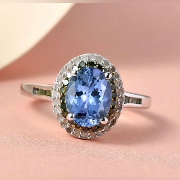 Peacock Tanzanite with Diamond Double Halo Platinum over Sterling Silver Size 8 - Picture 2 of 16
